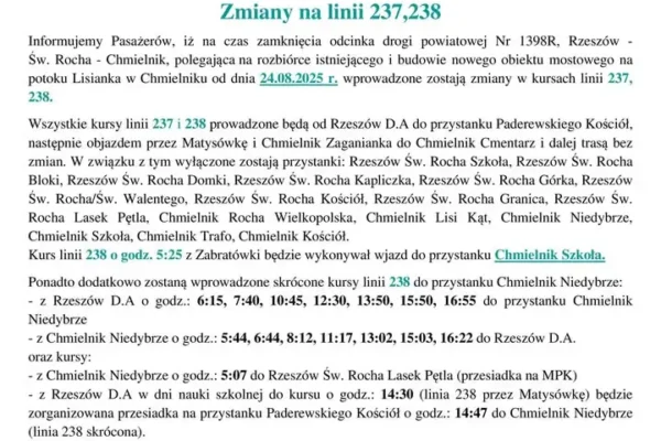 Zmiany w rozkładach jazdy linii 237 i 238 w związku z zamknięciem drogi powiatowej