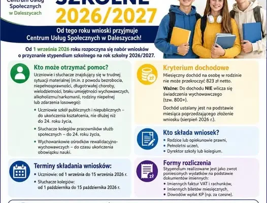 Nabór wniosków o stypendium szkolne w Daleszycach na rok 2026/2027