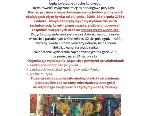 Dożynki Powiatu Kieleckiego i Gminy Chmielnik – zmiany w ruchu i parkowaniu