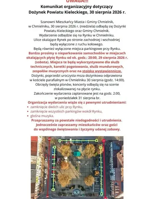 Dożynki Powiatu Kieleckiego i Gminy Chmielnik – zmiany w ruchu i parkowaniu