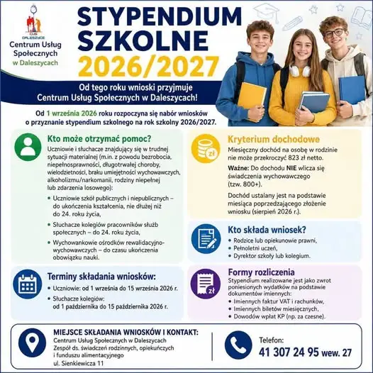 Nabór wniosków o stypendium szkolne w Daleszycach od 1 września