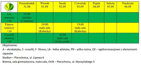 Harmonogram treningów sportowych w Pierzchnicy na nowy sezon