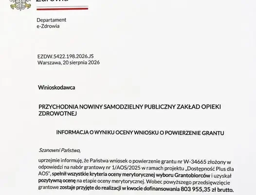 Ponad 803 tys. zł dla Przychodni Nowiny na poprawę dostępności