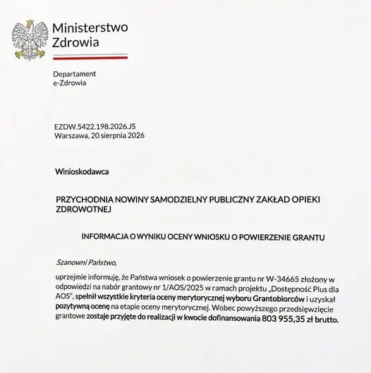 Ponad 803 tys. zł dla Przychodni Nowiny na poprawę dostępności