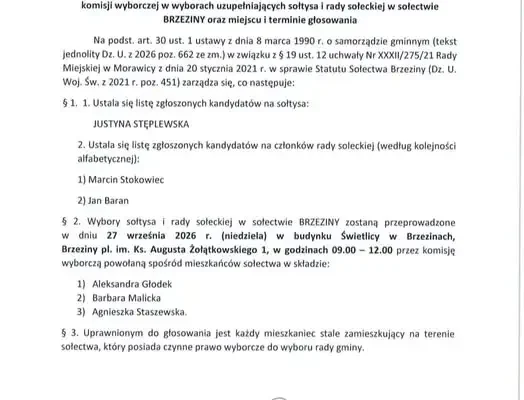 Wybory sołtysa i rady sołeckiej w Brzezinach – głosowanie już 27 września 2026