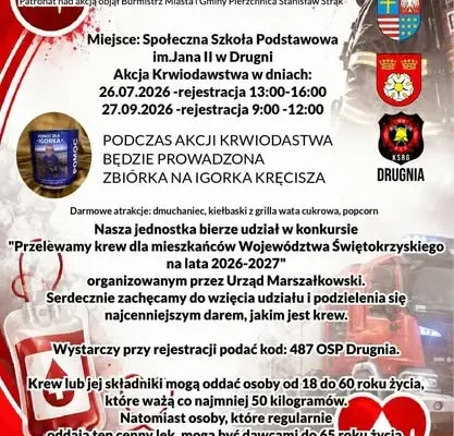 Drugnia: akcja krwiodawstwa z Kamilem Jabłońskim i zbiórką dla Igorka
