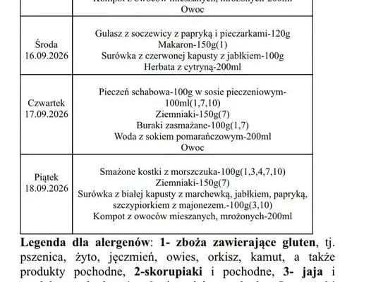 Jadłospis szkolnej stołówki na tydzień 14–18 września 2026