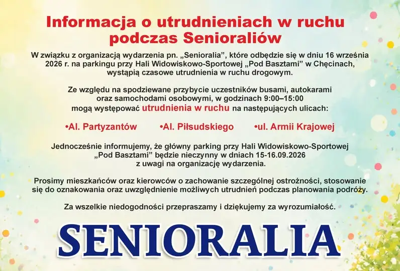 Utrudnienia w ruchu w Chęcinach 16 września – Senioralia przy hali „Pod Basztami”