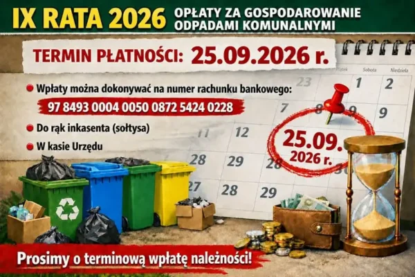 Przypomnienie dla mieszkańców gminy Chęciny: do 25 września trzeba zapłacić IX ratę za odpady