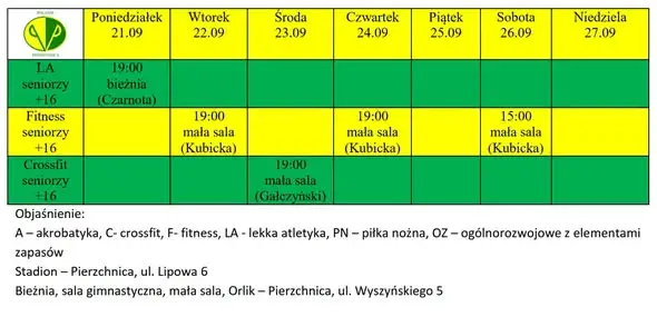 Harmonogram treningów w Pierzchnicy – sport dla każdego przez cały tydzień