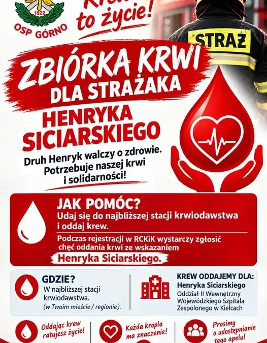 Apel o oddanie krwi dla strażaka Henryka Siciarskiego z Kielc