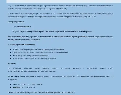 Bezpłatne warsztaty zdrowotne z fizjoterapeutą dla seniorów z gminy Łopuszno