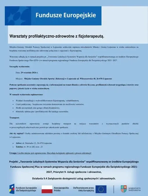Bezpłatne warsztaty zdrowotne z fizjoterapeutą dla seniorów z gminy Łopuszno