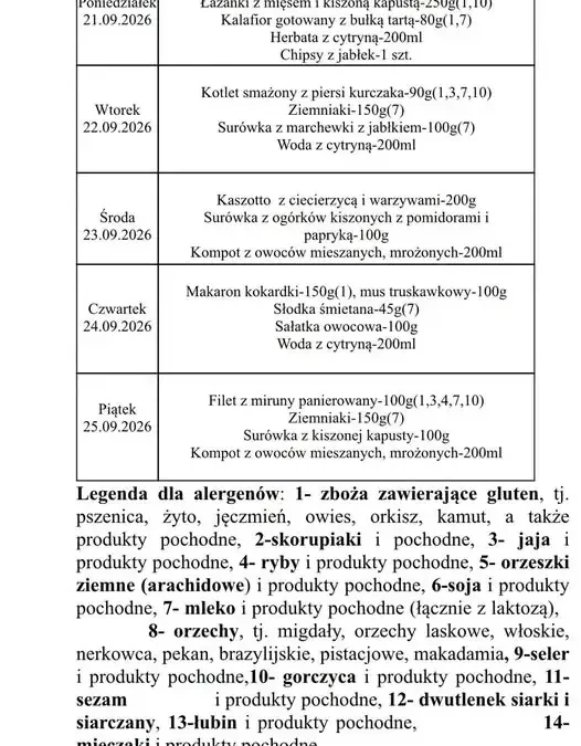 Jadłospis szkolnych obiadów 21–25 września 2026 – co jedzą uczniowie?