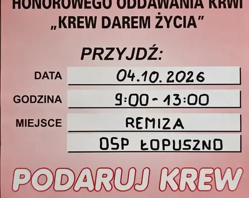 Akcja honorowego oddawania krwi „Krew darem życia” w Łopuszu już 4 października