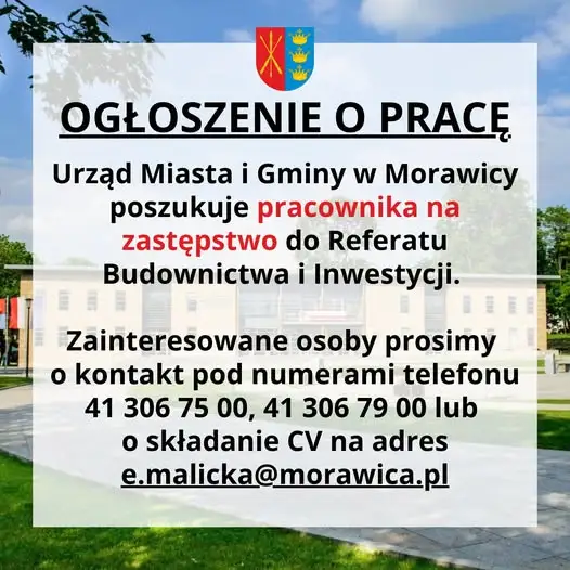 Praca w Urzędzie Miasta i Gminy Morawica – zastępstwo w Referacie Budownictwa i Inwestycji