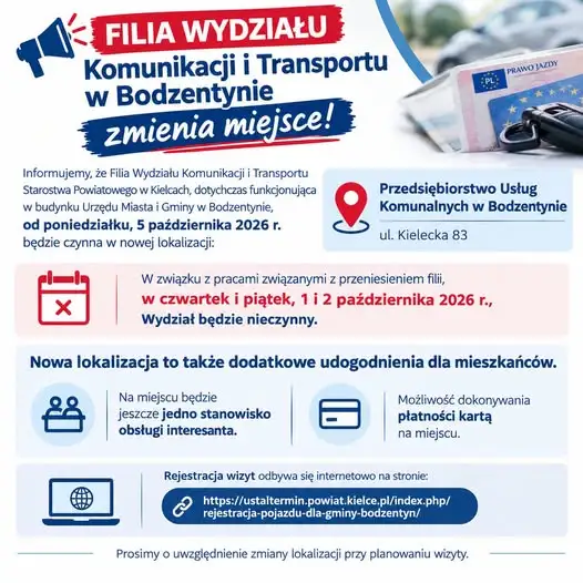 Filia Wydziału Komunikacji w Bodzentynie zmienia siedzibę – od 5 października nowy adres