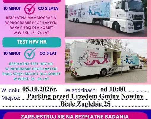 Bezpłatne badania profilaktyczne w Nowinach – mammografia i test HPV już 5 października