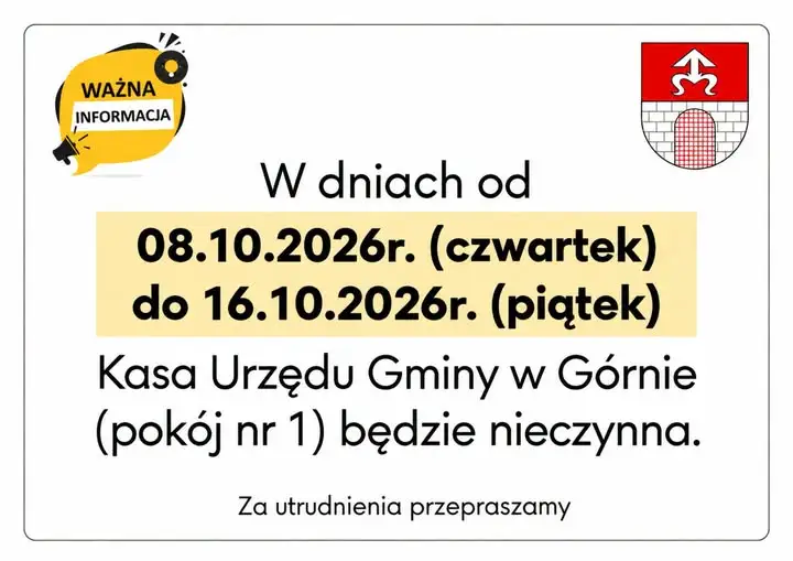 Kasa Urzędu Gminy w Górnie nieczynna do 16 października