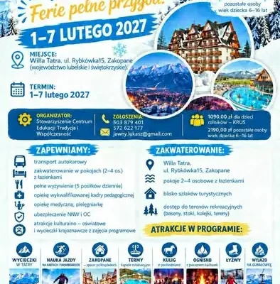 Zimowiska 2027 w Zakopanem dla dzieci rolników z dofinansowaniem KRUS