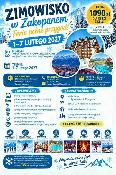 Zimowiska 2027 w Zakopanem dla dzieci rolników z dofinansowaniem KRUS