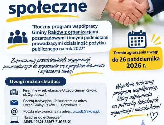 Gmina Raków konsultuje program współpracy z organizacjami pozarządowymi na 2027 rok