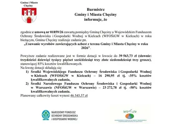 Chęciny: 46,5 tys. zł na usuwanie azbestu w 2026 roku
