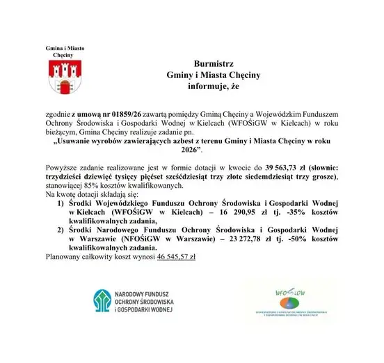 Chęciny: 46,5 tys. zł na usuwanie azbestu w 2026 roku