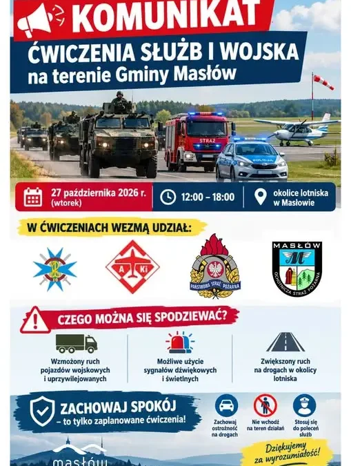 Ćwiczenia służb i wojska w Gminie Masłów – 27 października 2026