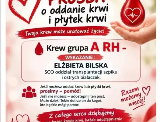 Apel o krew i płytki krwi dla pani Elżbiety Bilskiej