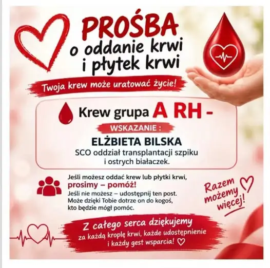 Apel o krew i płytki krwi dla pani Elżbiety Bilskiej